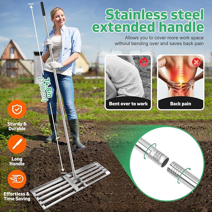 Lawn Leveling Rake(3 Packs) Yard Leveling Rake Suit,Heavy Duty Effort Saving Lawn Level Tool,36"x10"x75" Heavy-Duty All Stainless Steel Lawn Leveler（1 Pack,15"x10"x 50"Lawn Leveler Tool（2Packs）