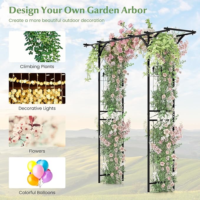 S AFSTAR Garden Arch Trellis Pergola, 6.8 FT Outdoor Metal Arbor w/Extended Top, 4 Ground Stakes, Plant Support Trellis for Climbing Plant Vine Rose, Garden Arbour Archway for Wedding Ceremony Party