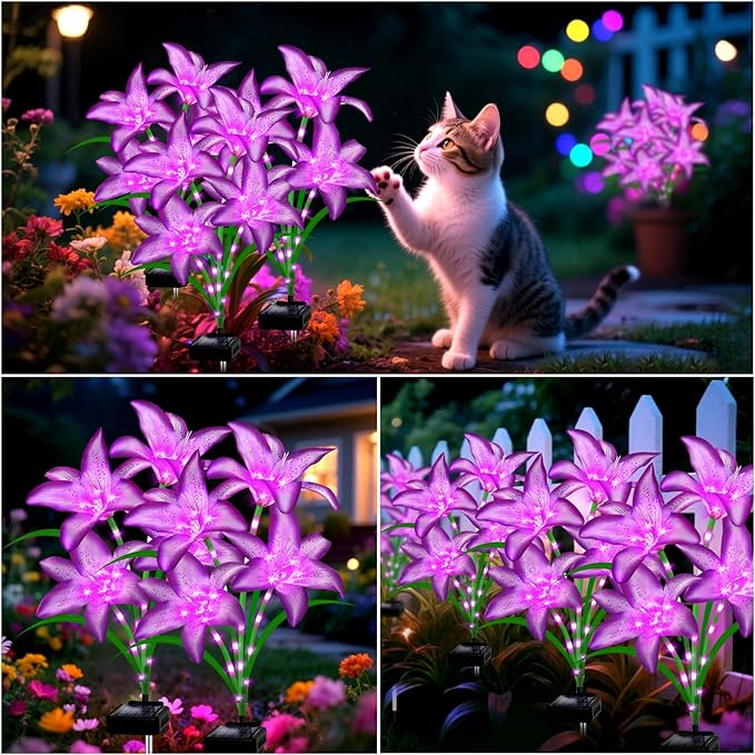 Solar Garden Lights 6 Pack 24 Purple Lily Flowers,Christmas Birthday Gifts Outdoor Solar Flower Lights,Cemetery Flowers for Grave - Decorative Lilies for Yard, Patio, Pathway Decorations