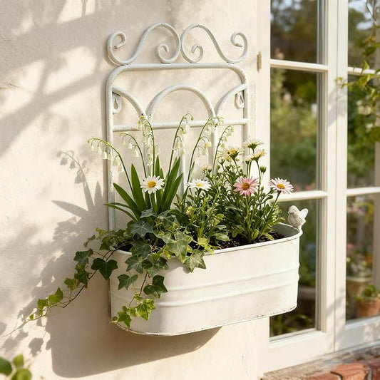 Rustic Metal Wall Planter Country Garden Wall Hanging Mount Vase Pocket Outdoor Vintage Hanging Pot Farmhouse Wall Decor for Plants Flowers (White)