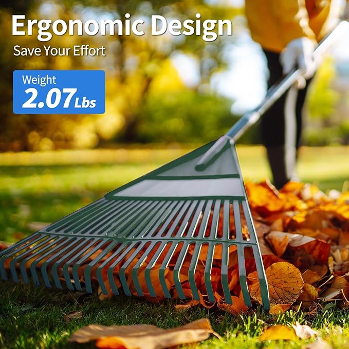 Garden Leaf Rake, 60" Garden Rakes with Foldable Lightweight Steel Handle, 22 Tines Plastic Head Shrub Rake, Folding Yard Garden Rake for Lawns, Grass, Flower Beds Leaves Cleaning, Silver & Green