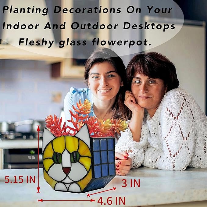 Stained Glass Cat Planter Pot with Drainage and Tray, Perfect for Succulents and Indoor Plants, Ideal Plant Gifts for Women and Orange Cat Lovers 4.6x5.15x3 in （Excluding Plants）
