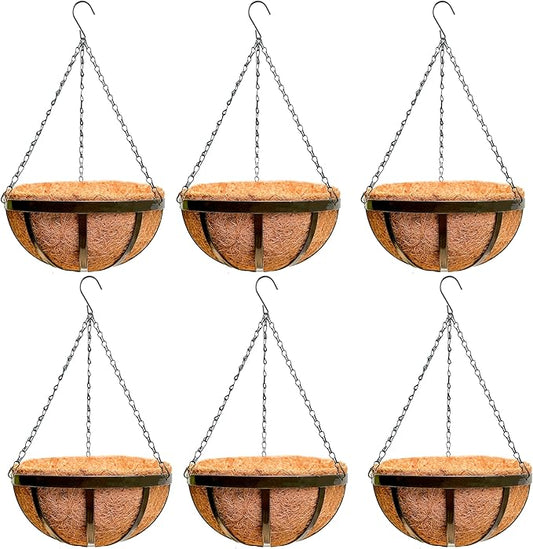 LaLaGreen Outdoor Hanging Baskets for Plants (6 Pack, 16 Inch) Large Hanging Planter with Coco Liner, Black Plant Metal Flat Iron Round Flower Pots Deck Patio Modern Garden Balcony Outside Decoration