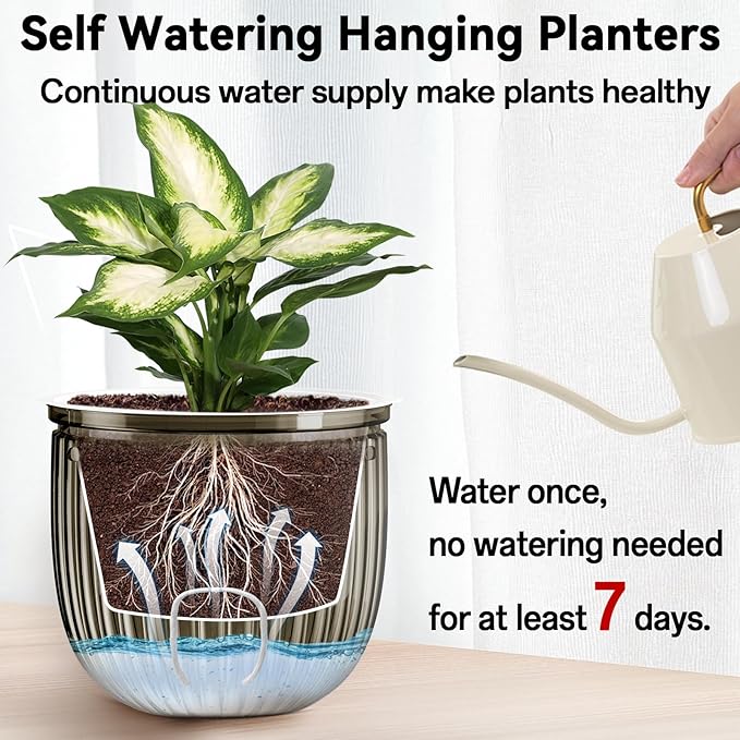 Halatool 2 Pack Self Watering Hanging Planters for Plants, 8.3 Inch Hanging Baskets, 3 Hooks Plant Hangers with Drainage Holes for Gardening (Gray)