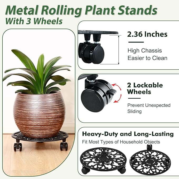 2 Packs 11 Inch Rolling Plant Stand with Wheels Wrought Iron Rolling Plant Stand with Casters Heavy Duty for Indoor Plants Rollers with Plant Saucers, Metal Round Plant Dolly