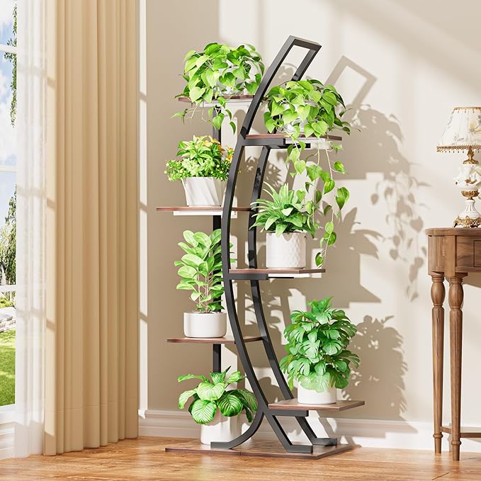 JUSTOGO Plant Stand Indoor with Grow Lights, 47" 7-Tier Corner Plant Shelf Rack, Multi-Pot Holder Display Stand for Plants, Flowers - Garden, Patio, Living Room Decor, Black