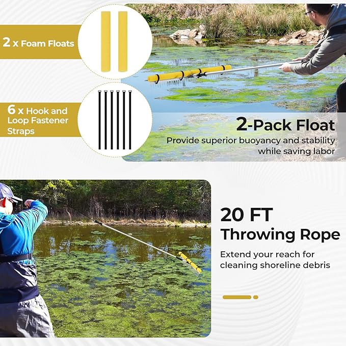 Goplus Floating Weed Lake Rake, 36" Aluminum Multifunctional Detachable Landscape Rake with Extension Handle, 20 FT Rope and Float, Weed & Algae Removal of Leaves, Floating Scum, Aquatic
