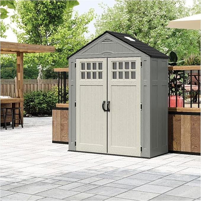 Suncast Everett 6x3 ft Vertical Storage Shed - Resin Plastic Outdoor Garden Shed with Floor, Windows, Skylight & Lockable Double Doors. Slim Yard Storage for Utility Tools & Backyard Equipment