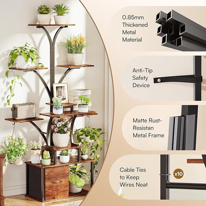 Tree-shaped 63" Tall Plant Stand Indoor with Grow Light 3 Color Modes - 10 Tiered Plant Shelf with Drawer, 10 Brightness Levels, Timer, Wide Base, Lighted Corner Plant Stands for Living Room, Balcony