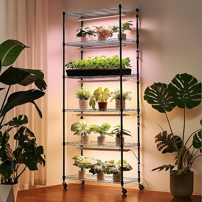 VEVOR Plant Shelf with Grow Light, 6-Tier Indoor Plant Stand, 71in Tall Plants Display Rack with Wheels & 4/9/14H Timer, 150W 3-Color Full Spectrum Grow Lights, Flower Pot Holder for Seed Starting