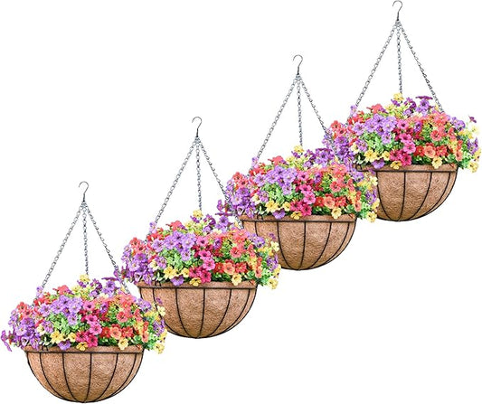 4 Pack Hanging Planters 14 Inch Metal Hanging Planter Basket Flower Pots with Coco Coir Liners Round Wire Plant Holder with Chain for Indoor Outdoor Patio Porch Garden Decoration（XG）