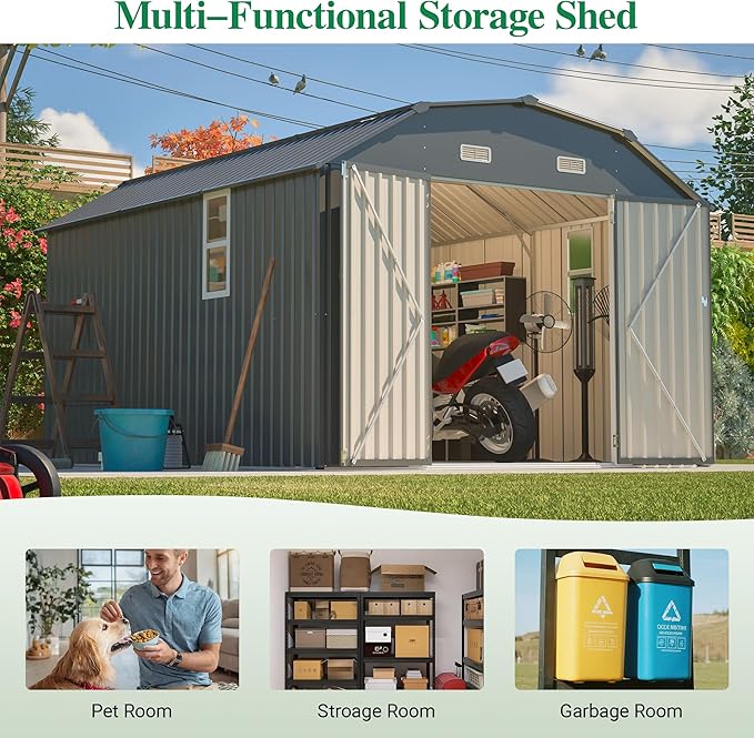 10×12 FT Outdoor Storage Shed,Heavy-Duty Metal Shed with Floor Base,All Weather Waterproof Tool Shed W/Diamond Roof & Windows,Lockable Double Door & 4 Air Vents,for Backyard,Patio,Lawn,Gray