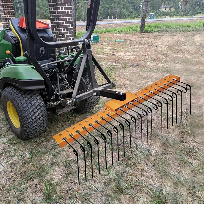 48" Durable Pine Straw Rake Steel Spring Landscape Rake Fits 2" Receiver for Lawn Tractors or ATV/UTV，Orange