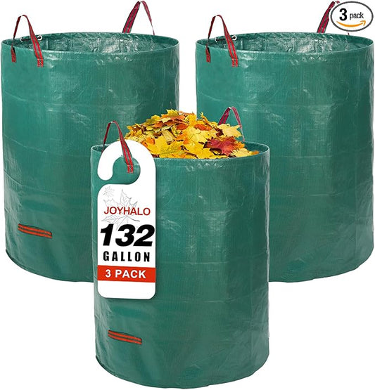 Joyhalo Reusable Yard Waste Bags, 132 Gallon Lawn And Leaf Bags 3 Pack, Heavy Duty Garden Bags With Gardening Gloves, Standable Garden Waste Bag With 4 Handles, Camping Yard Recycling Bag For Leaves