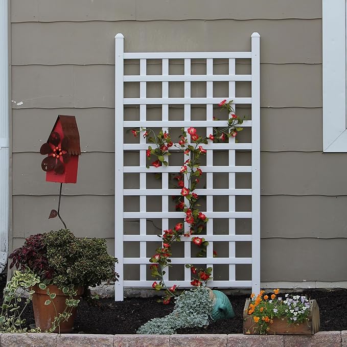 DuraTrel Country Garden Vinyl Trellis, Outdoor Plant Support Frame, White, 35" x 66" - Decorative Grid-Style Lattice for Climbing Vines & Flowers, Use Against Walls, Fences or Freestanding