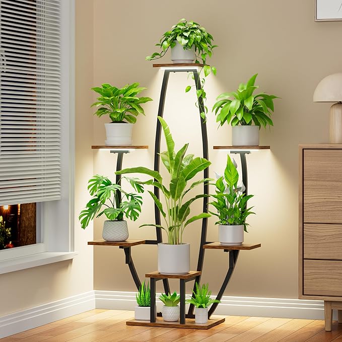JUSTOGO Plant Stand Indoor with Grow Lights - 7 Tiered Large Plant Shelf, 47" Corner Shelf for Indoor Plants Multiple, Metal Flower Holder Curved Display Rack for Living Room, Home Decor, Patio