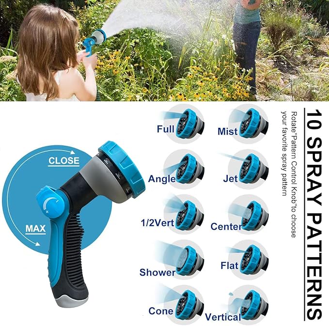 Non-Expanding Garden Hose 100ft,flexible, lightweight hose is resistant to kinks and tangles.With 10-way nozzle, strong 3/4” metal fittings, and a shut-off valve.