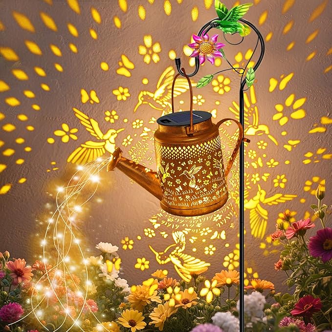 VOOKRY Solar Lights Outdoor Waterproof, Hummingbird Retro Metal Solar Watering Can Lights, Birthday Gifts for Women Mom Grandma Christmas Hanging Garden Decor Yard Light for Outside Patio Lawn Porch