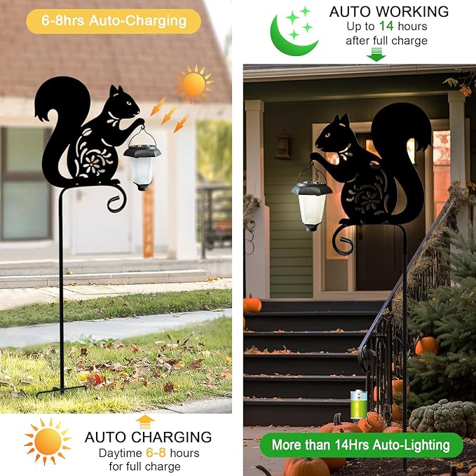 Metal Squirrel Garden Stake, Solar Lights Outdoor Solar-Powered with Lantern-Outdoor Waterproof Pathway and Garden Decorations (Black Squirrel)