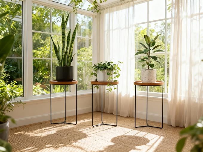 Indoor Metal Plant Stands with Wooden Tops, Holds Pots up to 12" Diameter, 120 lb Capacity Each - 9" Wood Top Plant Stand - 3-Pack