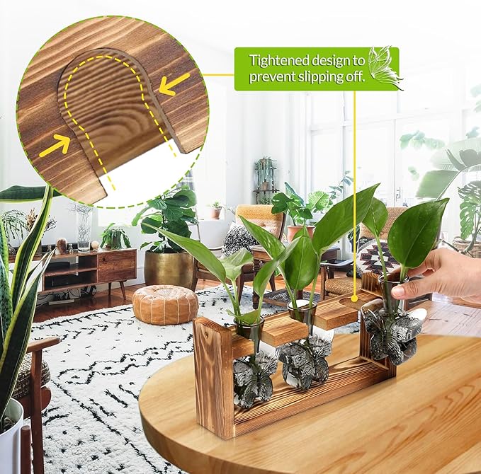 Glass Plant Propagation Station Butterfly Planter Vase with Wooden Stand Birthday Gifts for Women Mom Plant Lovers Office Home Decoration