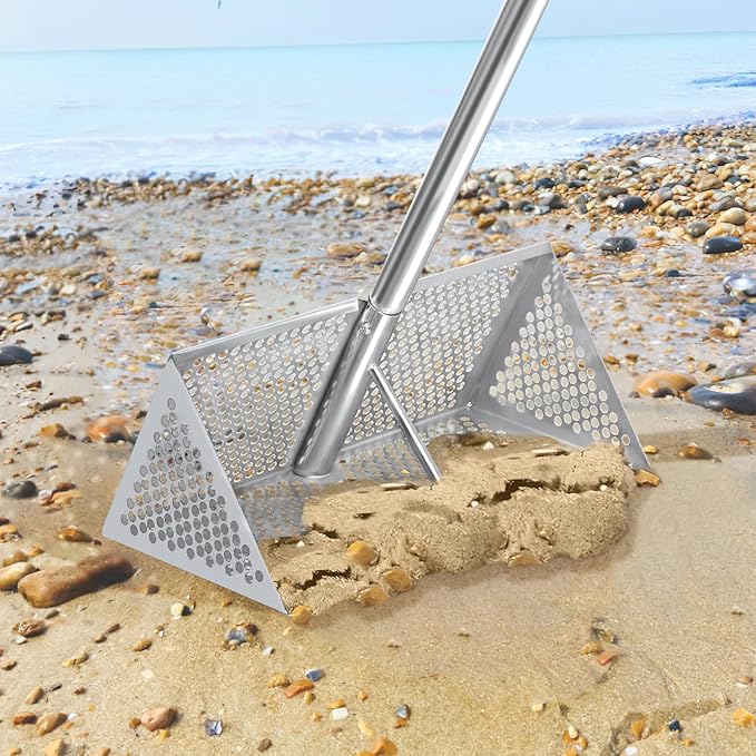 Beach Sand Sifter, 304 Stainless Steel, Detachable 60 Inches Long Handle, 16'' Basket with Sharp Teeth. Includes D-Handle Grip, Small Shovels, Sifter and Bucket