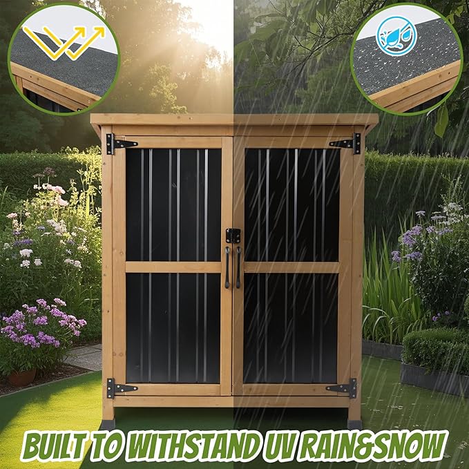 Small Outdoor Storage Cabinet Waterproof, Wood & Metal Storage Shed with Lockable Doors & Adjustable Shelves, Vertical Outdoor Cabinets for Patio Backyard,Garden Tool Shed and Accessories, Brown