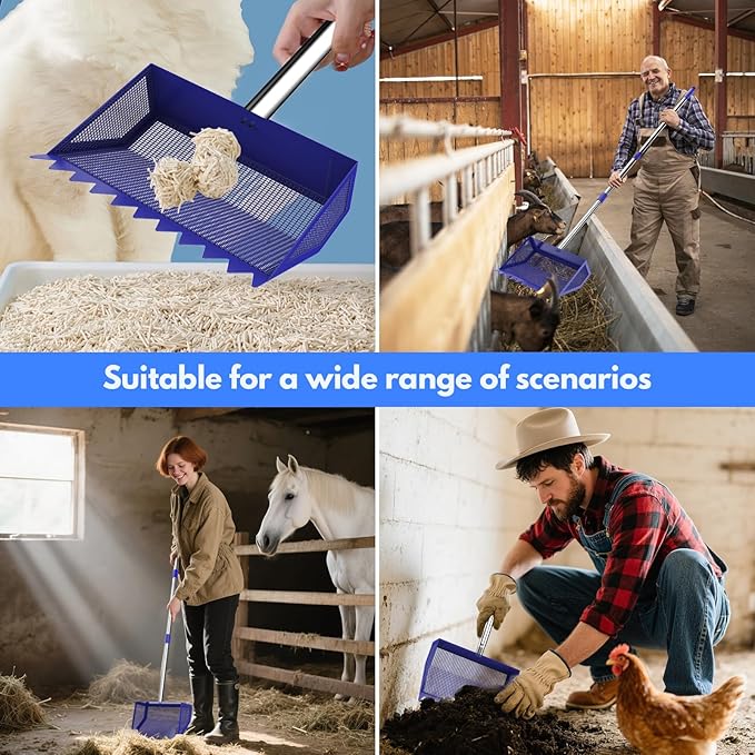 Chicken Poop Scooper & Rake 2-in-1,304 Stainless Steel Shovel Head, Chicken Litter Scoop with Handle for Chicken Coop & Pet Waste Cleaning, Litter Sifting Shovel (35 to 65") (Blue, 10inch)