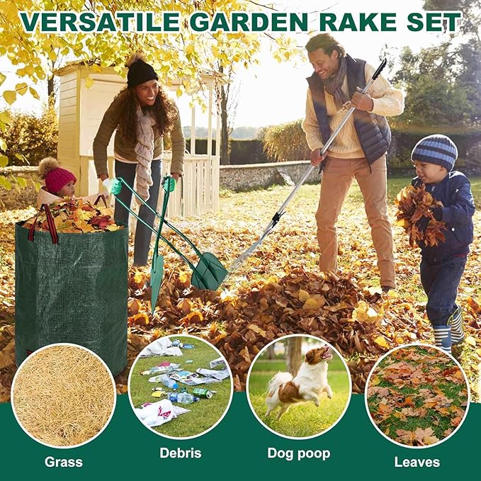 Leaf Grabber and Adjustable Metal Rake Set with Long Handle, 79-Gallon Reusable Yard Waste Bags & Gloves – Complete Leaf Collector Tool Kit