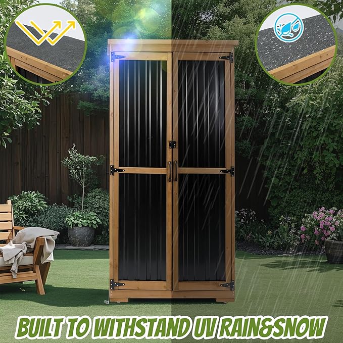 Outdoor Storage Cabinet,Wood & Metal Storage Shed with Adjustable Shelves & Lockable Doors,Vertical Outdoor Cabinets for Backyard Patio, Gardening Tools and Accessories,Brown