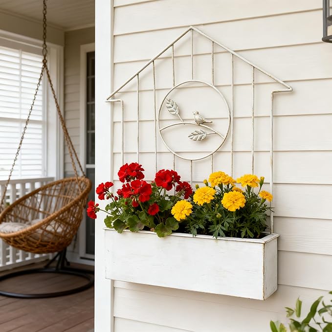 Vintage White Metal Wall Planter, Rustic Farmhouse Hanging Planter for Indoor Outdoor Use, Decorative Wall-Mounted Flower Pot for Succulents, Herbs, Home & Garden Decor