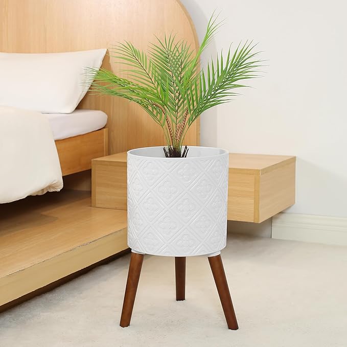 12 Inch Planter with Stand, Planter for Indoor Plants, Modern Large Flower Planter Pot with Drainage Holes for Outdoor,Matte White
