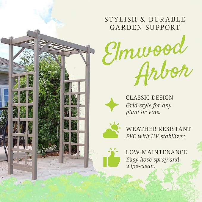 Dura-Trel PVC Garden Arbor, Arch Support for Climbing Plants, Elmwood, Mocha, 57" x 85"