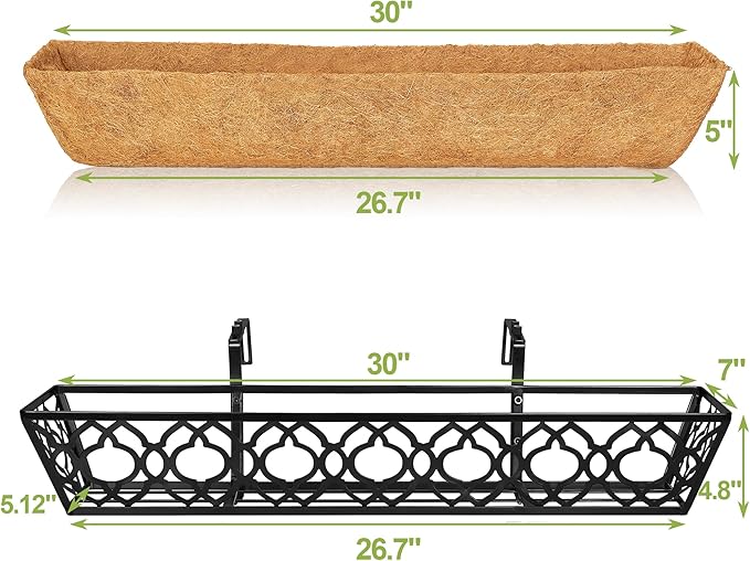 Y&M 30 inch Window Planter Box 4Pcs Iron Window Deck Railing Planter with Coco Liner, Metal Horse Troughs Fence Planter for Outdoor Balcony Rail Fence Porch Patio
