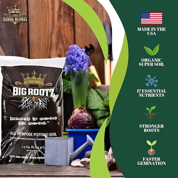 Soil King Big Rootz Organic Soil - CDFA & EnvirOganic Certified. All-Purpose Potting, pH Adjusted for Maximum Nutrient Uptake & Root Growth, Indoor & Outdoor Plants, 40 lb. Bag