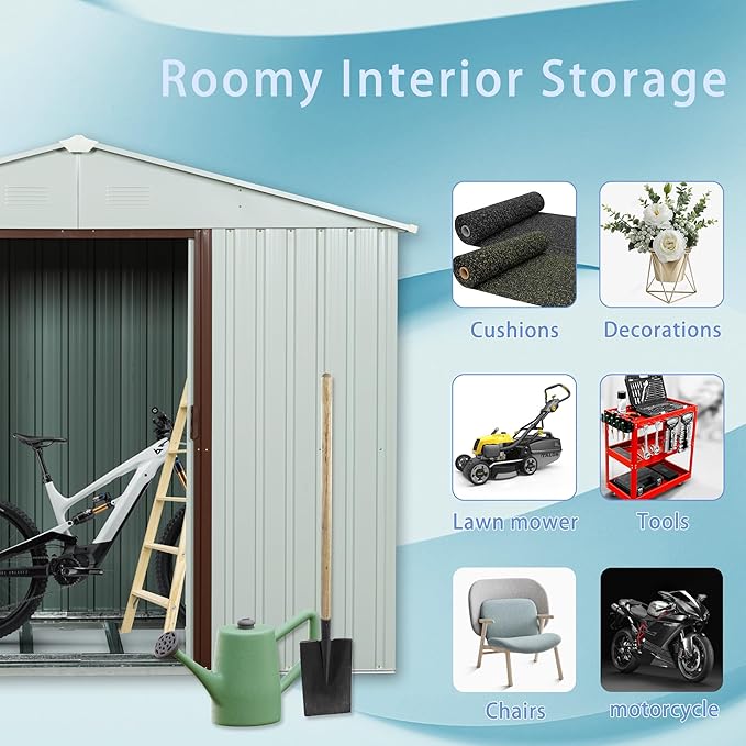 6 x 5 FT Outdoor Storage Shed, Metal Garden Shed with Floor Frame, Tool Shed Outdoor Storage with Lockable Sliding Doors & Window & Air Vents, Storage House Waterproof for Backyard, Lawn, White