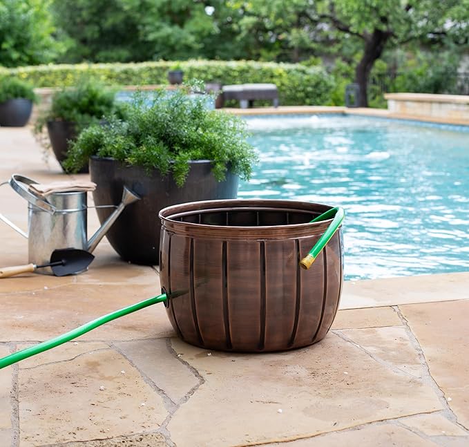 BIRDROCK HOME Water Hose Holder - Decorative Metal Pot, Indoor or Outdoor, Garden Storage Organizer, Patio Portable Bucket - Antique Copper, Holds up to 100ft Hoses, Medium No Lid
