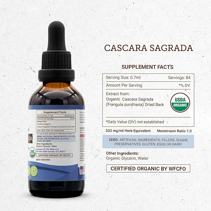 Secrets of the Tribe Cascara Sagrada USDA Organic | Alcohol-Free Extract, High-Potency Herbal Drops | Made from 100% Certified Organic Cascara Sagrada (Frangula purshiana) Dried Bark (2 oz)