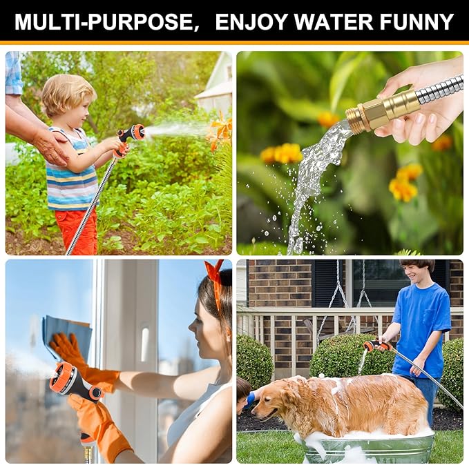 Metal Garden Hose 100 ft, Stainless Steel Water Hose 100ft with 10 Function Nozzle & 3/4 Copper Fitting, Heavy Duty & Flexible, Kink Free & Lightweight for Yard, Outdoor, Lawn, Patio & Car