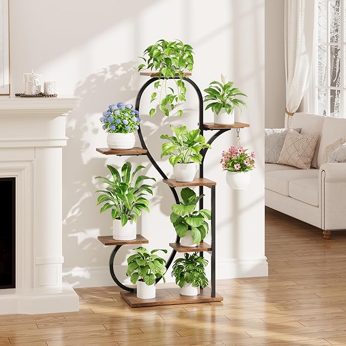 POZILAN Plant Stand Indoor with Grow Lights - 47" Plant Shelf Indoor, 7 Tiered Plant Stands for Indoor Multiple Plants, Metal Corner Plant Holder, S-Shaped for Living Room, Patio, Home Décor, Black