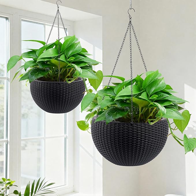 13.5 inch 2Pack Large Hanging Planters for Outdoor/Indoor Plants, Self Watering Hanging Pot with Water Level Indicato, Drainage Holes and Chain for Garden Porch, Black