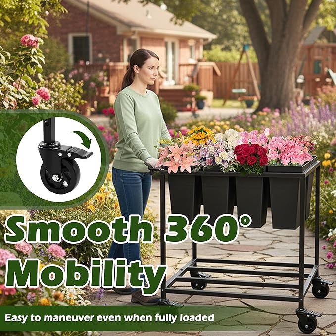 Flower Cart with 8 Buckets,Flower Cart Display Stand with Wheels,Bloom Bar,Flowers Stand for Wedding ,Party and Home Decor,Black