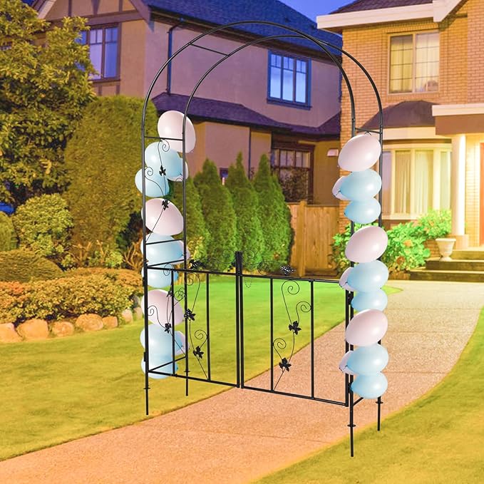 Outdoor Garden Arbors with Gate Door 7’ H x 3’7’’ W Metal Garden Arch Plants Growing for Wedding Party