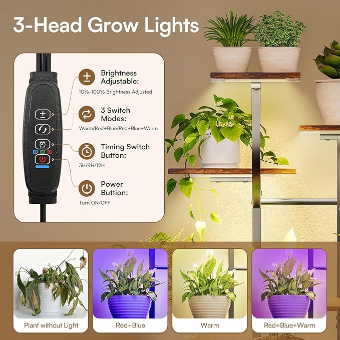 cebihy 9 Tiered 59'' Plant Stand Indoor with Grow Light 3 Color Modes, Plant Shelf with Drawer, 10 Brightness Levels, Timer, Wide Base, Corner Plant Stands for Living Room, Balcony (Tall 59'')