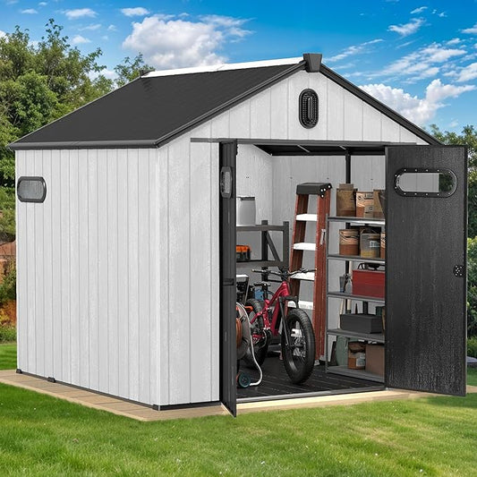 DWVO 8x8 FT Outdoor Storage Shed, 427 cuft Large Plastic Storage Shed with Floor & Lockable Door, Outside Tool Garden Shed with Windows & Vents for Patio Furniture, Lawn Mower, Bike, Black&Gray