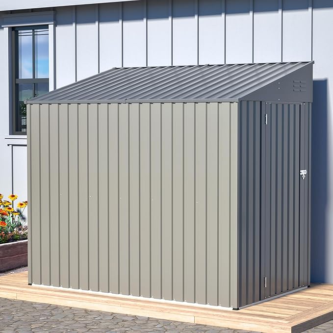 4x7 FT Outdoor Storage Shed,Lean to Lockable Metal Garden Shed Steel with Reinforced Beams,All Weather Waterproof Storage House W/Lockable Door&2 Air Vents,for Backyard,Patio,Lawn,Garden,Gray