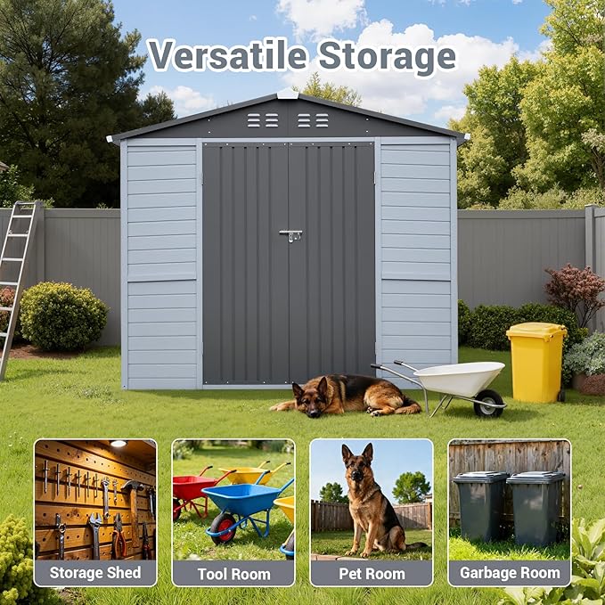 Wood & Steel Shed 8x8ft Outdoor Storage Shed with Waterproof Roof & Wind Resistance, Lockable Double Doors for Garden, Lawn, Patio Organization