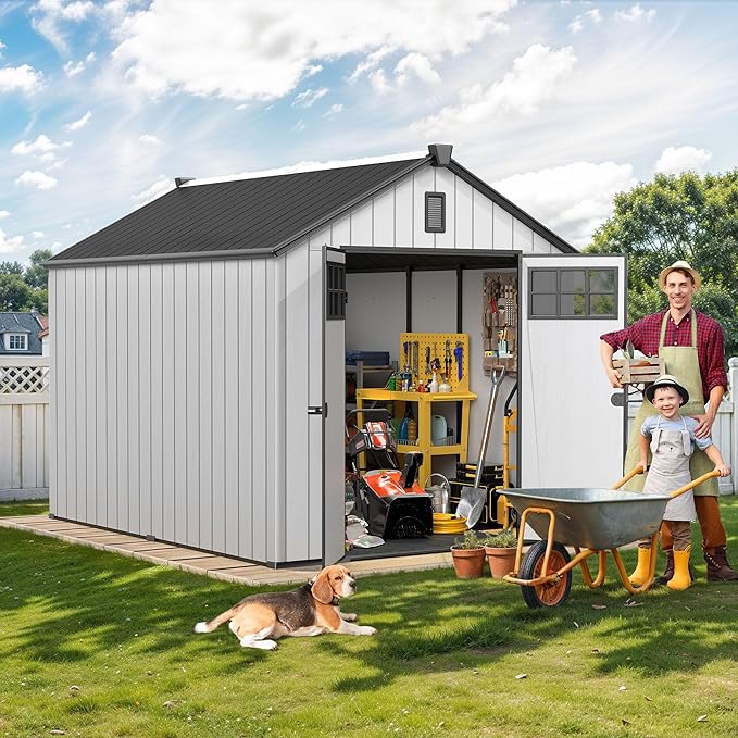 DWVO 8x10 FT Outdoor Storage Shed, 544 cuft Plastic Storage Shed with Floor & Lockable Door, All-Weather Tool Garden Shed with Window & Vent for Patio Furniture, Lawn Mower, Pool Supplies, Dark Gray