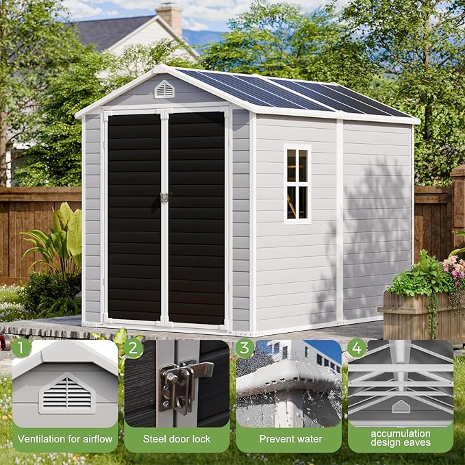 HUSFU Outdoor Resin Storage Shed 8x6 FT, Plastic Tool Shed for Bike, Garbage Can, Chicken Coop, Outside Sheds with Lockable Door for Backyard, Patio, Lawn, Light Grey