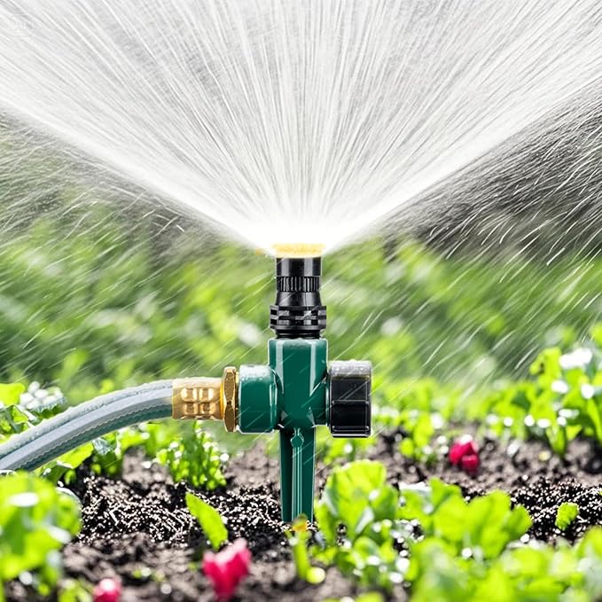 Above Ground Sprinkler System with Metal Spike Base Irrigation System for Garden Multi-Adjustable Lawn Sprinkler Set Ideal for Small Areas Plant and Flower Bed Watering, Two 15ft Green Hose Included